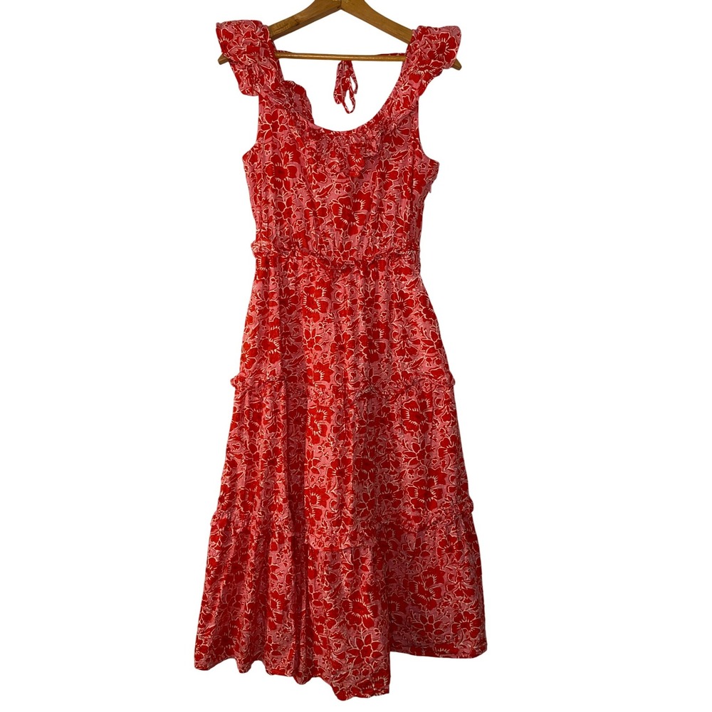 J.Crew Red Pink Floral Tiered Ruffle Midi‎ Dress Weddign Feminine SpringSize 2